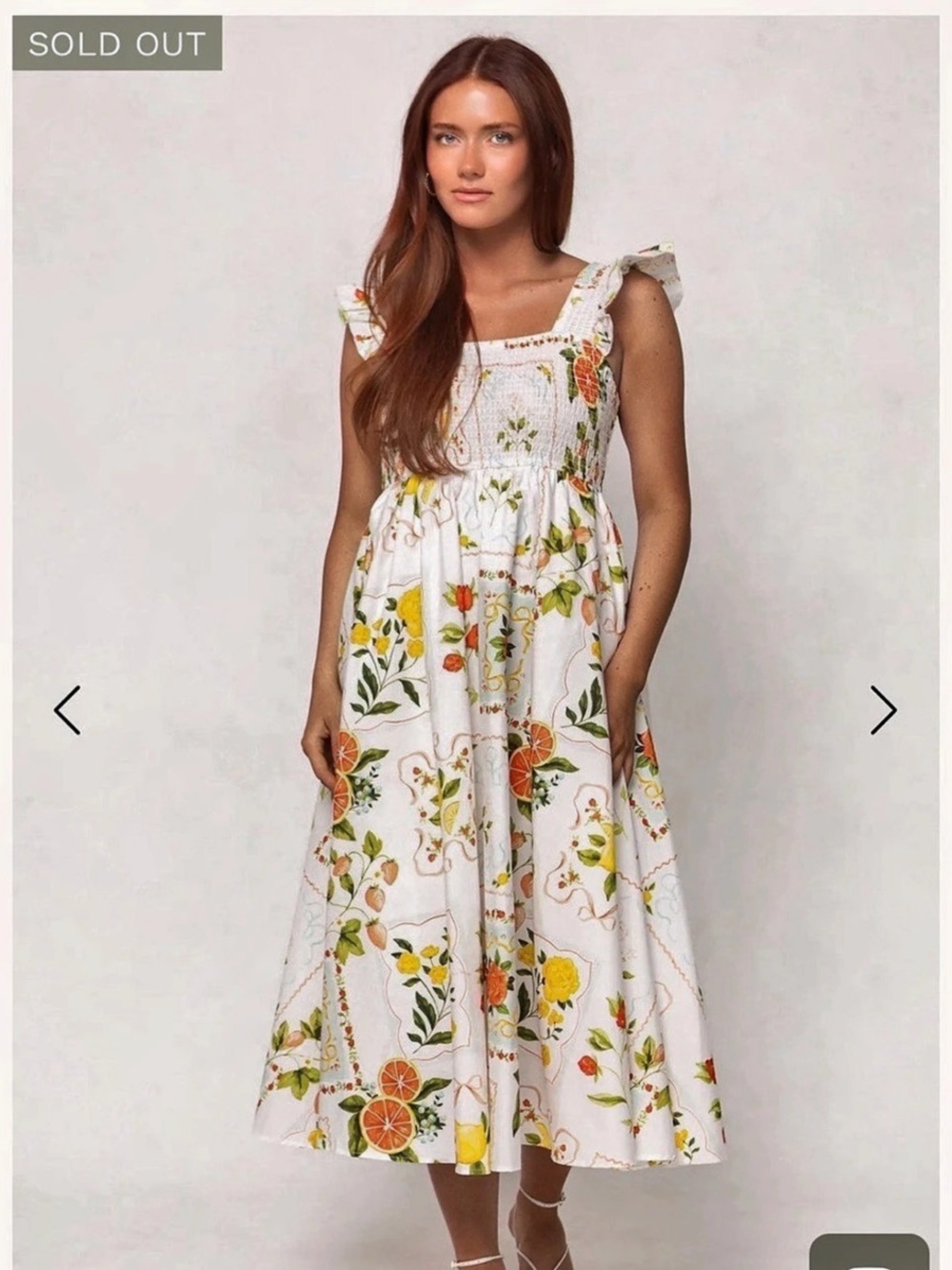 Ivy City Co. Fresh Lemons Ruffled Midi Dress in White & Green